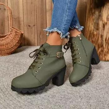 2025 Women Heel Lace Up Ankle Boots Ladies Buckle Platform Artificial Shoes Fashion High Leather Shoes Bota Feminina 36 чёрный