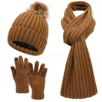 2025 Women s 3pcs Winter Set: Cozy Fleece-Lined Knit Beanie, Scarf & Gloves - Stretchy, Lightweight, Solid Color, Winter Scarf