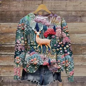 2025 Women s Autumn Pullover Tee Long Sleeve y2k Top Graphic T-shirts Christmas Seris Festivals O Neck Casual Sport shirt S