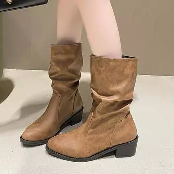 2025 Women s Chunky Single Boots Autumn New Round Head Fold Sleeve Anti-slip Wear Comfortable Mid-calf Boots 35 чёрный
