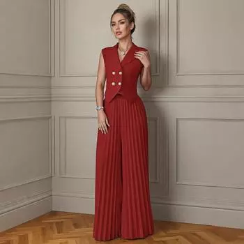 2025 Women s European & American Fashion Two-Piece Set: Vest & Pleated Skirt Pants Suit S