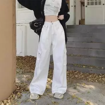 2025 Women s High-Waist White Pocket Jeans: American Style, Loose Wide-Leg, Spring/Autumn Trend Small белый