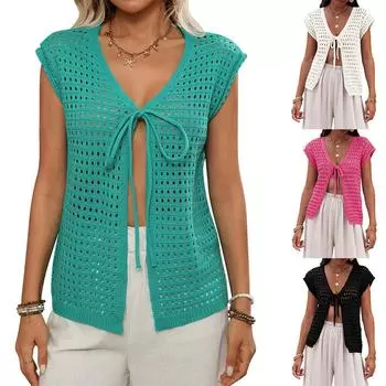 2025 women s hollowed-out short-sleeved short-sleeved knitted cardigan holiday lace-up blouse S