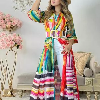 2025 Women s New Color Printed Strap Long Shirt Dress Loose Cardigan Long Dress S разноцветный