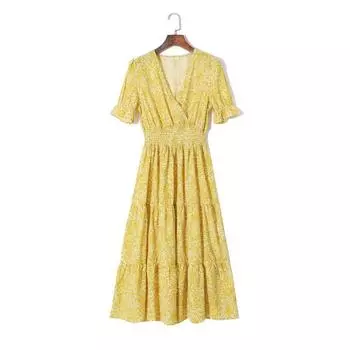 2025 Women s Spring Clothing Fresh Floral Printed V-neck Pullover Puff Sleeves Elastic High Waist Slimming Youthful-Looking Dress Small yellow flower M