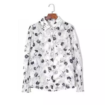 2025 Women s Spring Clothing K-style Retro Print Elegant Lapel Single Breasted Loose Puff Sleeves Lightweight Transparent Shirt Print M
