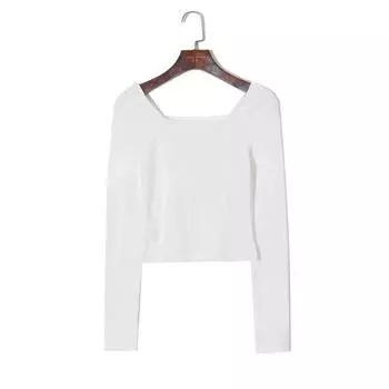 2025 Women s Spring Clothing K-style Minimalist Pure Color Elegance Square Collar Pullover Long Sleeves Silm Stretch Plaid Short T-shirt White S