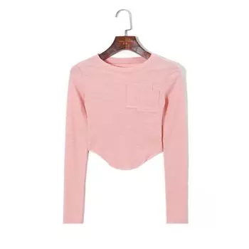 2025 Women s Spring Clothing Minimalist Pure Color round Neck Pullover Long Sleeves Silm Stretch Plaid Asymmetrical Short T-shirt Pink S