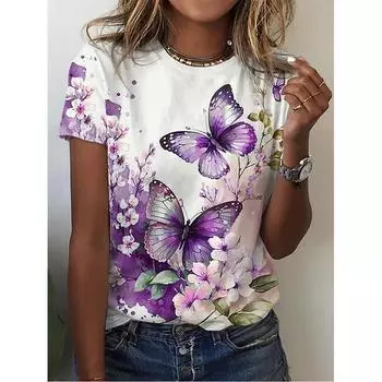 2025 Women s Street Fashion T-shirt Dreamy Butterfly 3D Printed Short Sleeve Versatile Daily Casual Round Neck Top Women s Wear XXS