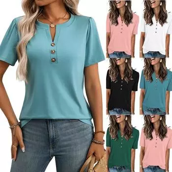 2025 Women s Summer New Top Solid Color Button Fashion Short Sleeve T-Shirt Women S озеро зеленый