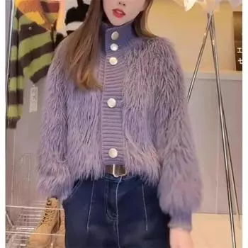 2025 Women s Versatile Stand Collar Cardigan: Autumn Loose-Fit, Thickened Imitation Mink Sweater for a Youthful Look Large розовый