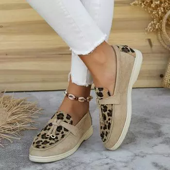 2025 Women Shoes New Leopard Splicing Flat Casual Shoes Brand Slip on Loafers Vulcanized Shoes Walking Single Sneakers Women 36 чёрный