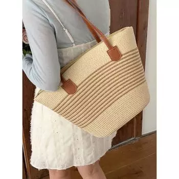 2025 Woven Straw Bag Summer New Commuter Large Capacity Stripe Shoulder Versatile Fashion Beach Bag Women Beige