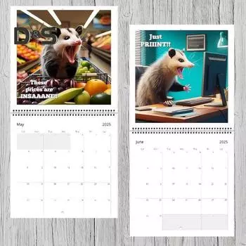 2025 Забавный кричащий календарь опоссумов, настенный календарь опоссумов, 12-месячный планировщик для домашнего офиса, классного декора 1pc