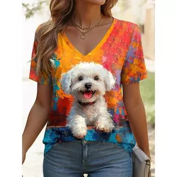 2025 женская футболка Kawaii Animal Graphic Fashion с короткими рукавами и V-образным вырезом, обычные топы с принтом, повседневные топы на лето и весну S