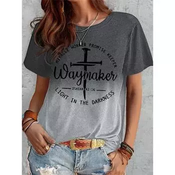 2025 Женская футболка Модный тренд Спортивный короткий рукав Крест Вера 3D Печатный узор Свободный Повседневный короткий рукав XXS