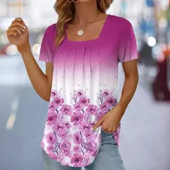 2025 Женская футболка с цветочным принтом, квадратным вырезом, плиссированная, с коротким рукавом, пуловер, женская летняя повседневная футболка, рубашки для отпуска S синий