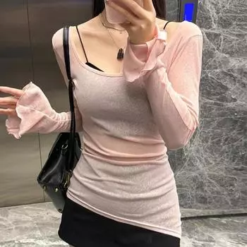 2025 Женская футболка с длинным рукавом и U-образным вырезом, летние новые тонкие расклешенные однотонные сексуальные топы S розовый