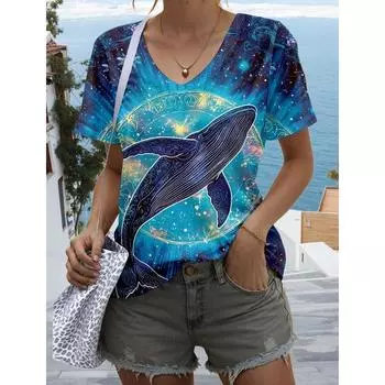 2025 женская футболка с рисунком животных, модная, с короткими рукавами, V-образным вырезом, обычные топы с принтом, повседневные топы на лето и весну S