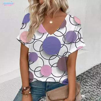 2025 женская футболка с V-образным вырезом, футболка с принтом в виде ретро-точек, модная женская футболка для отдыха с коротким рукавом, женская летняя футболка S