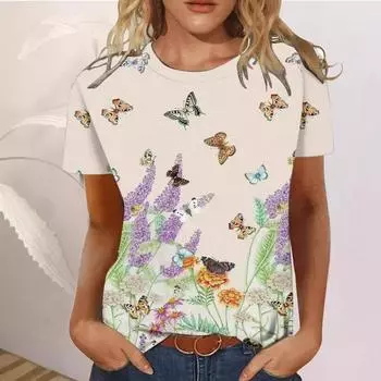 2025 Женская летняя футболка с круглым вырезом и короткими рукавами с принтом бабочки и цветка 3D, универсальный свободный повседневный женский топ S