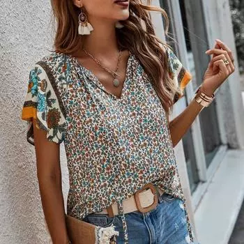 2025 женская летняя новая повседневная рубашка свободного кроя с коротким рукавом и V-образным вырезом S красный