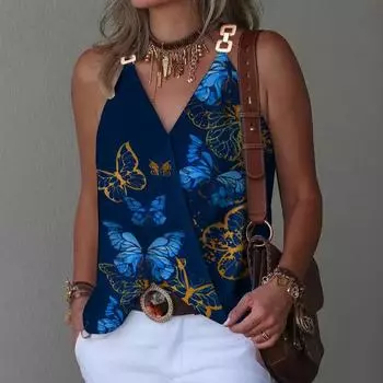 2025 Женская летняя новая простая майка с V-образным вырезом и металлическими пуговицами S белый