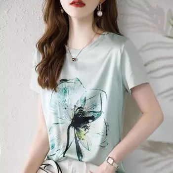 2025 Женская летняя свободная футболка из шелка Mulberry с коротким рукавом Large