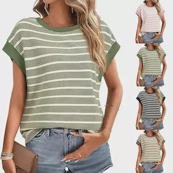 2025 Женская летняя трикотажная футболка свободного кроя в полоску, европейский и американский стиль, круглый вырез. XL