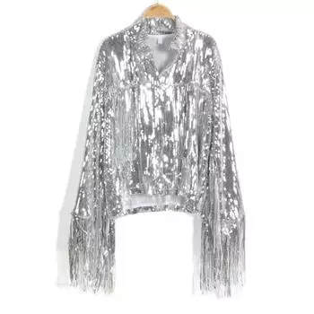 2025 Женская мода кардиган с пайетками и кисточками, воротник для сценического костюма S серебряный