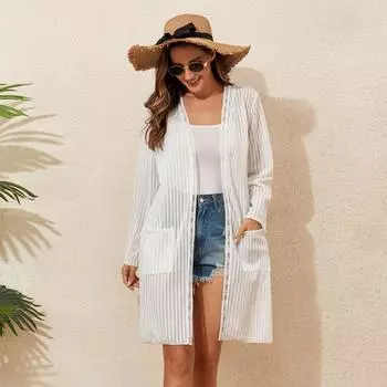 2025 женская новая ажурная длинная куртка для отдыха на море с длинными рукавами и карманами пляжная рубашка купальник солнцезащитный костюм блузка для отпуска one-size белый