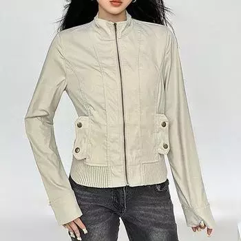 2025 Женская облегающая зимняя рабочая куртка с карманами и молнией S грязно-белый