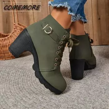 2025 Женская обувь Модные элегантные ботильоны на высоком каблуке со шнуровкой, женские кожаные туфли на платформе с пряжкой и круглым носком, элегантная свадебная обувь 36 чёрный