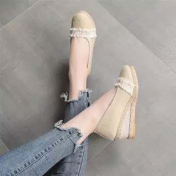 2025 женская обувь на танкетке весна и осень новая неглубокая горловина корейская версия импортная торговля женские туфли на высоком каблуке заостренные соломенные одинарные туфли wome 34