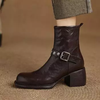 2025 Женская обувь Высокие сапоги Осенняя рабочая мода Элегантный панк Новые роскошные туфли на высоком каблуке с круглым носком из натуральной кожи Ботильоны 34 чёрный