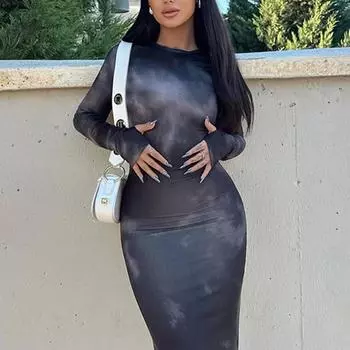 2025 женская одежда 2025 осень и зима новое платье-тай-дай с длинными рукавами, облегающее платье Spice Girl оптом, для женщин S розовый