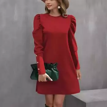 2025 женская одежда осень и зима новый круглый вырез рукава-фонарики пуговицах длинный рукав топ S красный