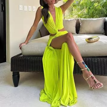 2025 женская одежда осень новое сексуальное асимметричное платье с разрезом и V-образным вырезом в складку S зелёный