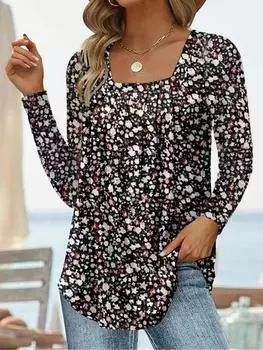 2025 Женская плиссированная футболка с квадратным вырезом, длинными рукавами и цветочным узором «ласточкин хвост» S