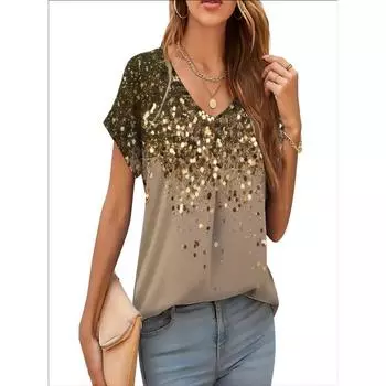 2025 женская роскошная футболка с 3D-принтом, модная футболка с короткими рукавами и V-образным вырезом, очень большая рубашка, летняя повседневная футболка, повседневная футболка S