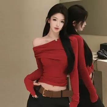 2025 Женская сексуальная плиссированная рубашка с длинным рукавом и разрезом на плече L