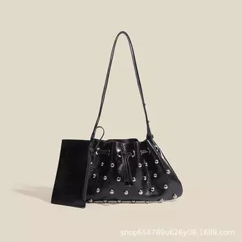 2025 Женская сумка-ведро с заклепками подмышкой: Стильная, универсальная и портативная сумка через плечо с завязкой чёрный