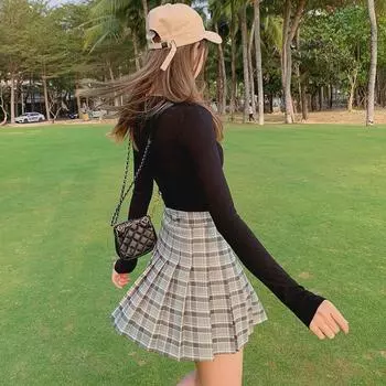 2025 Женская юбка-трапеция в клетку с высокой талией в корейском стиле в складку - летняя короткая юбка-солнцезащита Large
