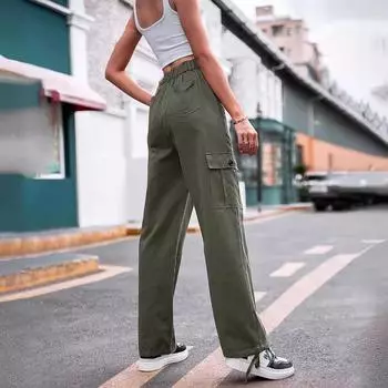 2025 Женская уличная мода с несколькими карманами, прямые брюки с высокой талией, обтягивающие свободные широкие брюки с широкими штанинами XS зелёный