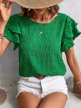 2025 Женские блузки Лето Новые оборки Короткий рукав Свободный О-образный вырез Повседневный Простой пуловер Рубашка Футболка Для Женщин Уличная Блузка S