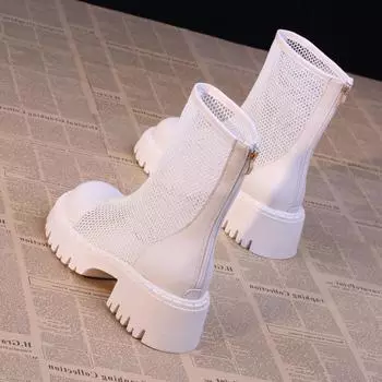 2025 Женские дышащие ботильоны Летние ажурные Массивные Женские Каблуки Модные Горячая Распродажа Женские Белые Короткие Ботинки De Mujer 35