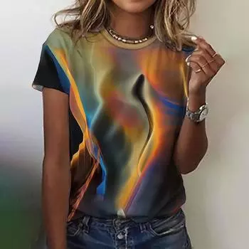 2025 Женские футболки с абстрактным принтом, модная повседневная футболка, летняя с коротким рукавом и круглым вырезом, женская одежда XXS