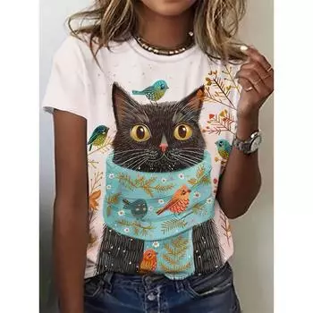 2025 Женские футболки с животными, 3D-принтом, милый мультяшный рисунок кошки, повседневная футболка с коротким рукавом, модная футболка с круглым вырезом, женская одежда S