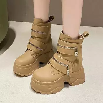 2025 женские кожаные ботильоны осень-зима 9,5 см каблук массивные кроссовки высокая платформа молния короткие мотоциклетные ботинки женские Botas 34 хаки