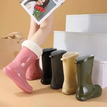 2025 женские непромокаемые нескользящие модные резиновые сапоги средней высоты с толстой бархатной подкладкой 40